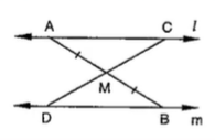 In Figure, l  m
and M is the mid-point of the line segment A Bdot
Prove that M
is also the mid-point of any line segment C D
having its end-points on l
and m
respectively.