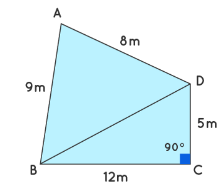 A park, in the shape of a quadrilateral ABCD, has ∠C = 90°, AB = 9 m, BC = 12 m, CD = 5 m and AD = 8 m. How much area does it occupy?