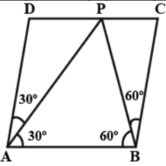 In Figure, A B C D
is a parallelogram and /D A B=60^0dot
If the bisectors A P\ a n d\ B P
of angles A\ a n d\ B
respectively, meet at P
on C D ,
prove that P
is the mid-point of C D