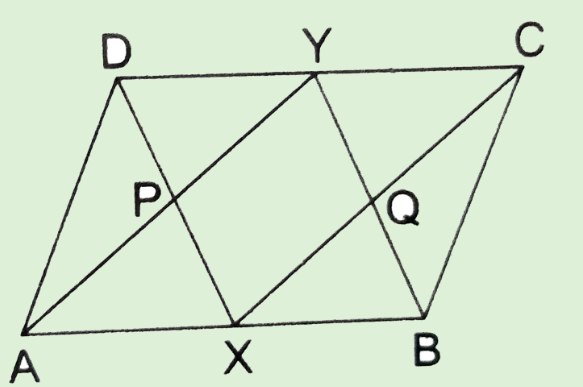 In Figure, X ,\ Y
are the mid-points of
  opposite sides A B\ a n d\ D C
of a parallelogram A B C DdotA Y\ a n d\ D X
are joined intersecting
  in P ; C X\ a n d\ B Y
are joined intersecting
  in Q
. Show that
A X C Y
is a parallelogram (ii) D X B Y\ 
is a parallelogram
quadrilateral P X Q Y
is a parallelogram