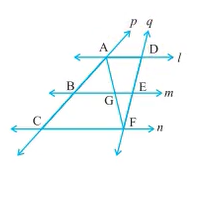 l, m and n are
  three parallel lines intersected by transversals p and q such
  that l, m
and n cut off equal
  intercepts AB and BC on p (see Fig. 8.28). Show that l, m and
  n cut off equal intercepts DE and EF on q also