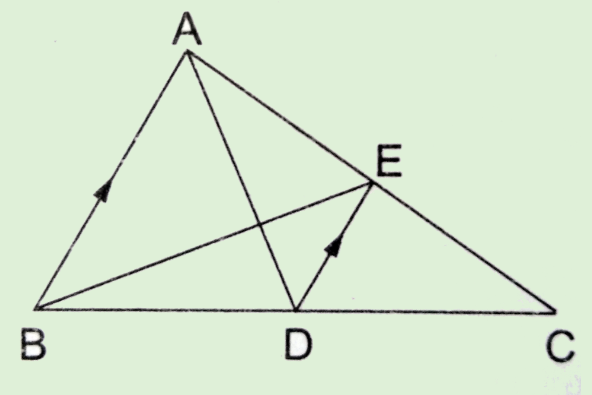 In Figure, A D
is the median and D E||A B
. Prove that B E
is the median.