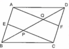 In Figure, A B C D
is a parallelogram. E
and F
are the mid-points of the sides A B
and C D
respectively. Prove that the line segments A F
and C E
triset (divide into three equal parts) the diagonal B Ddot