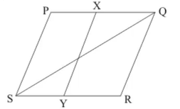 In Figure, PQRS is a parallelogram. If X and Y
are mid-points of PQ and SR
respectively and diagonal SQ
is jointed. The ratio ar (|\ |(gm) XQRY): ar (QSR)= 
 (a) 1:4  (b) 2:1  (c) 1:2 (d) 1:1