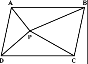 In Figure, P
is a point in the interior of a parallelogram A B C D
. Show that 
 a r( A P B)+a r( P C D)=1/2a r(^(gm)A B C D)

 a R(A P D)+a r( P B C)=a r( A P B)+a r( P C D)