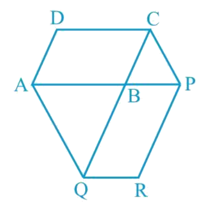 The side A B
of a parallelogram A B C D
is produced to any point Pdot
A line through A
and parallel to C P
meets C B
produced at Q
and then parallelogram P B Q R
is completed as shown in Figure. Show that
a r(^(gm)A B C D)=a r ^(gm)P B Q R)dot