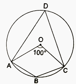 In Figure, O is the center of the circle and the measure of arc ABC is 100^@ Determine /ADC and /ABC