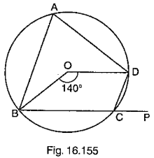 In Figure, O is the center of the circle. The angle subtended by the arc BCD at the center is 140^@ ,BC is produced to P Determine /BAD and /DCB