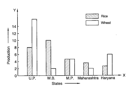 Read the
  following bar graph and answer the following questions: 
What
  information is given by the bar graph? 
Which state
  is the largest producer of rice? 
Which state
  is the largest producer of wheat? 
Which state
  has total production of rice and wheat as its maximum? 
Which state
  has the total production of wheat and rice minimum?