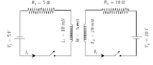 The inductors of the two LR circuits are placed next to each other , as shown in the figure . The values of the self-inductance of the inductors , resistances , mutual - inductance and applied voltages are specified in the given circuit . After both the switches are closed simultaneously , the total work done by the batteries against the induced EMF in the inductors by the time the currents react their steady state values is m]