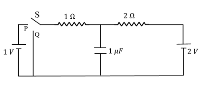 In the circuit shown below, the switch S is connected to position P for a long time so that the charge on the capacitor become q1 mu C. The S is switched to psition Q. After a long time, the charge on the capacitor is q2 mu C. The magnitude of q2 is