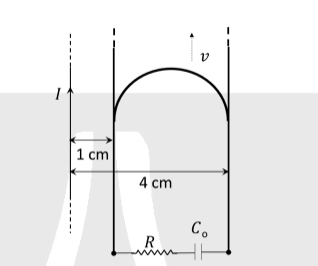 A long straight wire carries a current I = 2A. A semi circular conducting rod is placed beside it on two conducting parallel rails of negligible resistance. Both rails are parallel to wire. The wire , the rod, and the railslie in same horizontal plane as shownin figure. Two ends of semi circular rod are at distances 1 cm and 4 cm from the wire. At time t = 0 rod starts moving on the rails with a speed v = 3 m/s. A resistor R= 1.4 ohm and capacitor C0 = 5 mu F are connected in series between rails. At time t = 0, C0 is uncharged. Which of the following statements is/are correct?