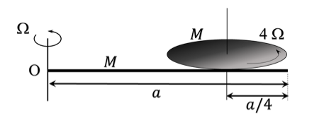 A thin rod of mass M and length a is free to rotate in horizontal plane about a fixed vertical axis passing through point O. A thin circular disc of mass M and of radius a/4 is pivoted on this rod with its center at a distance a/4 from the free end so that it can rotate freely about its vertical axis. Assume that both rod and disc have uniform density and they remain horizontal during motion. An outside stationary observer finds the rod rotating with an angular velocity Omega and the disc rotating about its vertical axis with angular velocity 4 Omega. Total angular momentum of system about point O is ((M a^2 Omega)/(48)) n. The value of n is