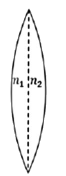 चित्र में दर्शाया गया एक पतला उत्तल लेंस दो पदार्थों से मिलकर बना है, जिनके अपवर्तनांक (refractive index) क्रमशः n1 और n2 हैं लेंस के बाएँ और दाएँ पृष्ठों की वक्रता त्रिज्याएँ समान हैं| n1  = n2 = n  के लिए लेंस की फोकस दूरी f है। जब n1 = n और n2 =n  + Delta n है, तब फोकस दूरी f + Delta f है | यह मानते हुए कि Delta n lt lt (n-1) और 1 lt n lt 2, निम्नलिखित कथनों में से कौन सा(से) सही है/हैं?