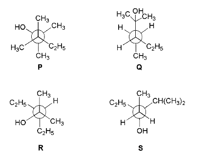 न्यूमैन प्रक्षेप (Newman projections) P, Q, R तथा S नीचे दिखाए गए हैं।      निम्नलिखित में से कौन सा विकल्प समरूप (identical) अणुओं को निरूपित करता है ?