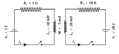 चित्रानुसार, दो LR परिपथों (circuits) के प्रेरकों (inductors) को एक दूसरे के समीप रखा गया है। प्रेरकों का स्व-प्रेरकत्व (self-inductance), प्रतिरोध, अन्योन्य-प्रेरकत्व (mutual inductances) एवं अनुप्रयुक्त वोल्टता (applied voltages) का मान परिपथ में दिया गया है। दोनों स्विचों को एक साथ बंद (on) करने के पश्चात् जब विद्युत् धाराएं अपनी स्थायी अवस्था (steady state) में पहुँचती हैं, तब तक प्रेरकों में प्रेरित विद्युत्-वाहक बल के विरुद्ध बैटरियों द्वारा किया गया कुल कार्य mJहै।