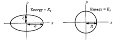 दो निरवलंबित बराबर द्रव्यमान के आवर्त दोलक मूलबिंदु के परितः कोणीय आवृत्तियों omega1 एवं omega2  तथा कुल ऊर्जाओं E1  तथा E2  से दोलन कर रहे हैं। उनके संवेगों p के स्थिति x के साथ परिवर्तन संबंध चित्रों में दर्शाये गये हैं। यदि a/b=n^2  तथा a/R = n है, तब सही कथन है (हैं)
