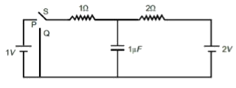 नीचे दर्शाये गये परिपथ में, स्विच S को लम्बे समय के लिए स्थिति P से संयोजित किया जाता है ताकि संधारित्र पर आवेश q1muC  हो जाए। फिर को स्थिति पर स्थानान्तरित किया जाता है। लम्बे समय पश्चात्, संधारित्र पर q2muC आवेश है।      q2  का परिमाण है।