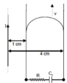 एक लम्बा सीधा तार धारा l = 2 एम्पियर ग्रहण किए हुए है। एक अर्द्धवृत्तीय चालक छड़ को इसके पीछे, नगण्य प्रतिरोध की दो चालक समान्तर पटरियों पर रखा जाता है। दोनों पटरियाँ तार के समान्तर हैं। तार, छड़ तथा पटरियाँ चित्रानुसार समान क्षैतिज तल में स्थित है। अर्द्धवृत्तीय छड़ के दोनों सिरे तार से 1 cm व 4 cm की दूरी पर हैं। समय t = 0 पर, छड़ पटरियों पर चाल v = 3.0 m/s से गति करना प्रारम्भ करती है (चित्र देखें)।   एक प्रतिरोधक R = 1.4Omega  तथा संधारित्र C0= 5.0 muF को पटरियों के मध्य श्रेणी में संयोजित किया जाता है। समय t = 0 पर, C0 अनावेशित है। निम्न में से कौनसा/कौनसे कथन सही है/हैं? [ mu0 = 4pi xx 10^(-7)  SI इकाई, In 2 = 0.7 लीजिए]