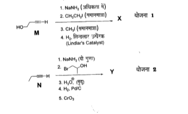 योजनाएँ 1 तथा 2 एल्काइनों M एवं N के अनुक्रमिक रूपान्तरण (sequential transformation) को दर्शाती हैं। दोनों योजनाओं के प्रत्येक पद के लिए केवल मुख्य उत्पाद पर विचार कीजिए       उत्पाद X है-