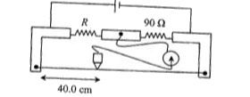 एक मीटर ब्रिज से 90 Omegaके मानक प्रतिरोध के साथ एक प्रयोग करते समय, जब जॉकी को तार के बायें सिरे से 40.0 c.m. पर दबाया जाता है, तब गैल्वनोमीटर पर शुन्य विक्षेप प्रदर्शित होता है. जैसा चित्र में दिखाया गया है । मीटर ब्रिज में प्रयुक्त पैमाने का अल्पतमांक (least count) 1 m.m. है । अज्ञात प्रतिरोध का मान है :