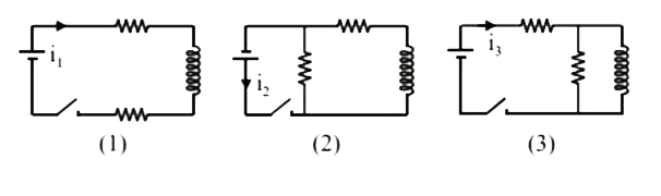 The figure shows three circuit with identical batteries, inductors and resistance. Rank the circuit  according to the currents through the battery just after the switch is closed greatest first :