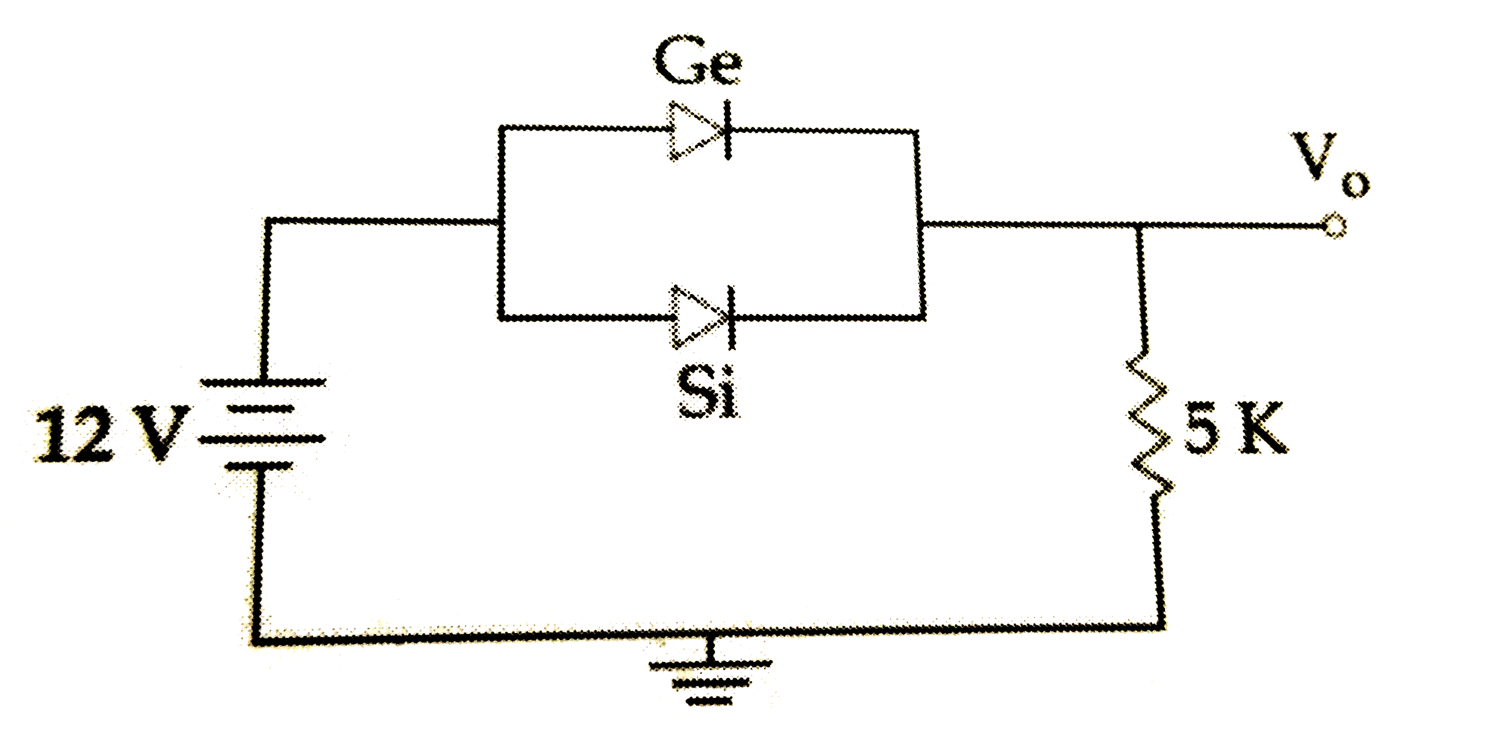Ge and Si diodes start conducting at 0.3 V and 0.7 V respectively. In the following figure if Ge diode connection are reversed, the value of V(o) changes by :   (assume that the Ge diode has large breakdown voltage)