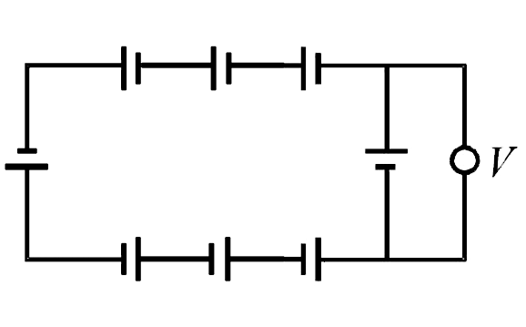 In the circuit shown below, each battery is 5V and has an internal resistance of 0.2 ohm.      The reading in the ideal voltmeter V is .