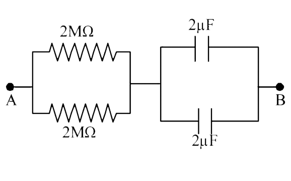 At time t=0, a battery of 10 V is connected across points A and B in the given circuit. If the capacitors have no charge initially, at what time (in seconds) does the voltage across them beocme 4V? [Take : In 5 = 1.6, In3 = 1.1].   .