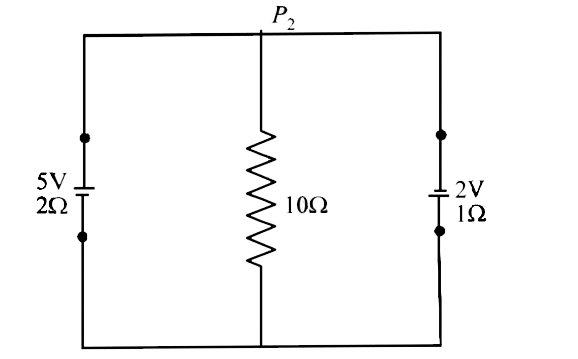 A 5V battery with internal resistance 2Omega and a 2V battery with internal resistance1Omega are connected to a 10Omega resistor as shown in the figure.      The current in the 10Omega resistor is