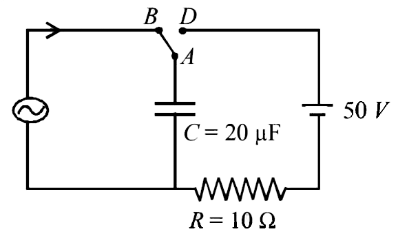 At time t = 0, terminal A in the circuit shown in the figure is connected to B by a key and an alternating current I(t) = I(0)cos (omega t), with I(0) = 1 A and (omega) = 500 rads^(-1) starts flowing in it with the initial direction shown in the figure. At t = (7pi//6omega), the key is switched from B to D. Now onwards only A and D are connected. A total charge Q flows from the battery to charge the capacitor fully. If C=20(mu)F, R = 10(Omega) and the battery is ideal with emf of 50 V, identify the correct statement(s).   .