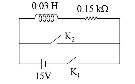 An inductor (L =0.03 H) and a resistor (R = 0.15kOmega) are connected in series to a battery of 15 V EMF in a circuit shown below. The key K1 has been kept closed for a long time. Then at t=0  The key K(1) is opened and Key K(2) is closed simultaneously. At t =1 ms, the current in the circuit will be (e^(5) = 150)