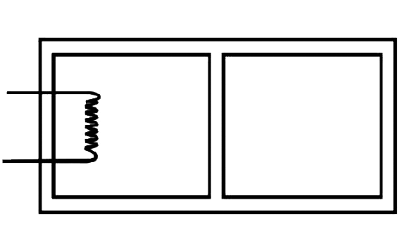 The rectangular box shown in Fig has partition which can slide without friction along the length of the box. Initially each of the two chambers of the box has one mole of a mono-atomic ideal gas (lambda=5//3) at a pressure P0, volume V0 and temperature T0. The chamber on the left is slowly heated by an electric heater. The walls of the box and the lead wires of the heater is negligible. The gas in the left chamber expands pushing the partition until the final pressure in both chambers becomes 243P0//32. Determine (i) the final temperature of the gas in each chamber and (ii) the work done by the gas in the right chamber.