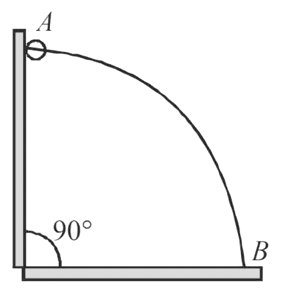A wire, which passes through the hole in a small bead, is bent in the form of quarter of a circle. The wire is fixed vertically on ground as shown in the figure. The bead is released from near the top of the wire and it slides along the wire without friction. As the bead moves from A to B, the force it applies on the wire is
