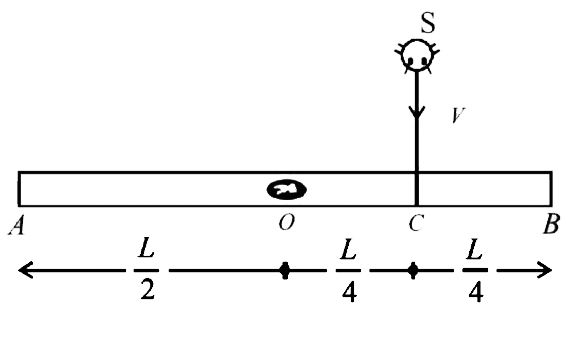 A thin uniform bar lies on a frictionless horizonta surface and is free to move in any way on th surface. Its mass is 0.16 kg and length sqrt3meters. Two particless, each of mass 0.08 kg, are moving on the same surface and towards the bar in a direction perpendicular to the bar, one with a velocity of 10 m/s, and other with 6m/s as shown in fig. The first particle strikes the bar at point A and the other at point B. Points A and B are at a distane of 0.5m from the centre of the bar. The particles strike the bar at the same instant of time and stick to the bar on collision. Calculate the loss of the kinetic energy of the system in the above collision process.