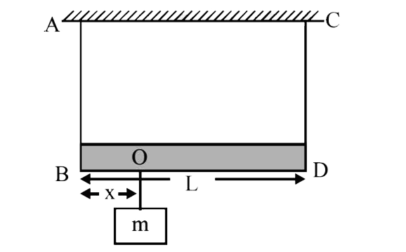 A massless rod of length L is suspened by two identical string AB and CD of equal length. A block of mass m is suspended from point O such that BO is equal ti 'x'. Further it is obsreved that the frequency of 1st harmonic in AB is equal to 2nd harmonic frequency in CD. 'x' is