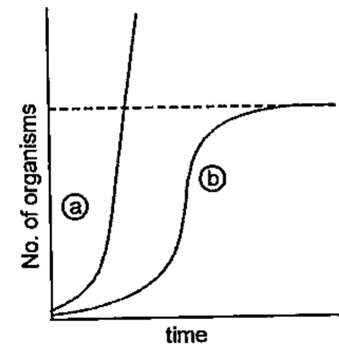 In the adjacent population growth curve:   Give the significance of dotted line