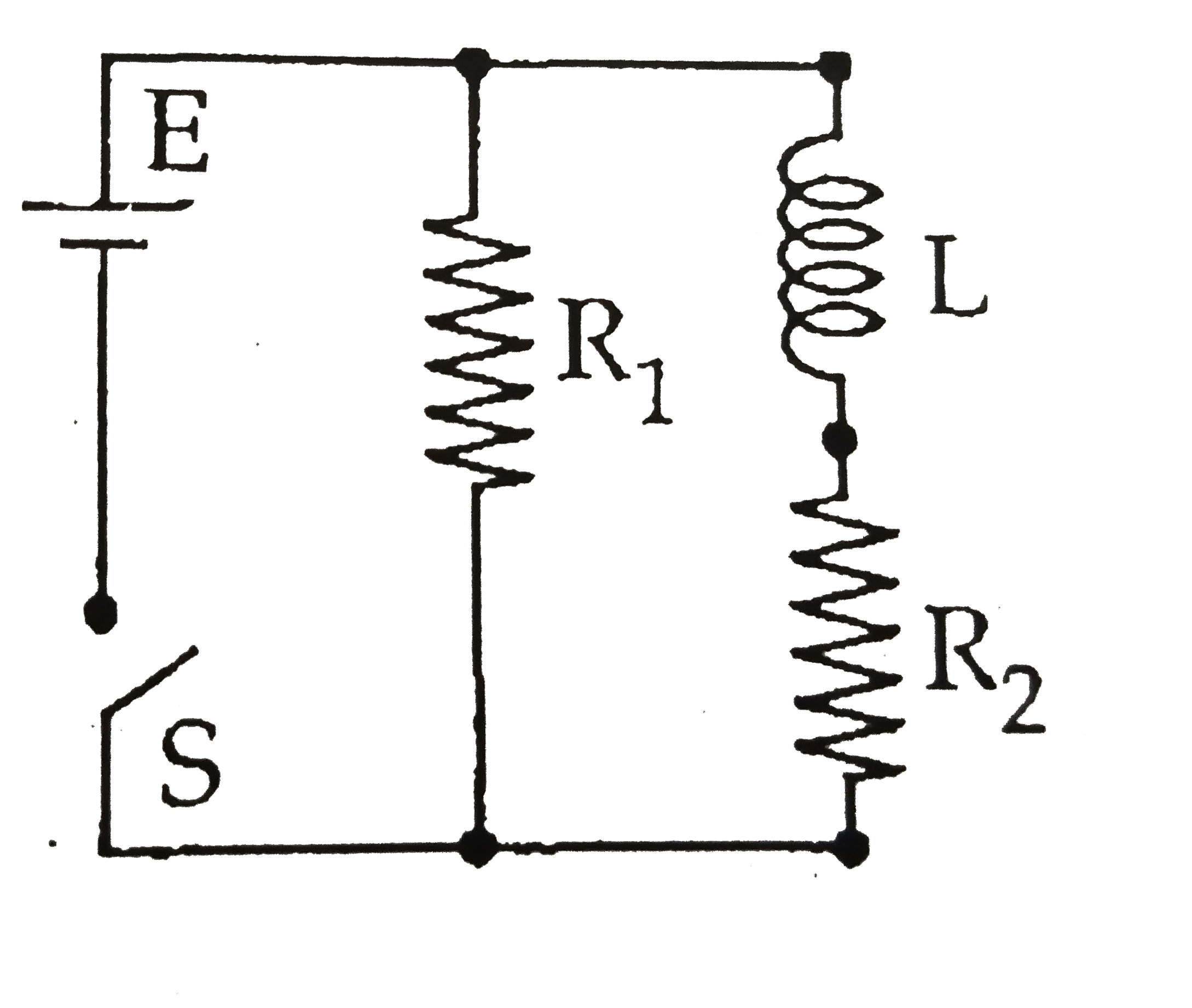 An inductor of inductance L = 400 mH and resistors of resistances R(1) = 2 Omega and R(2) = 2 Omega are connected to a battery of emf 12V as shown in the figure. The internal resisrance of the battery is negligible. The switch S is closed at t = 0. The potential drop across L as a function of time is