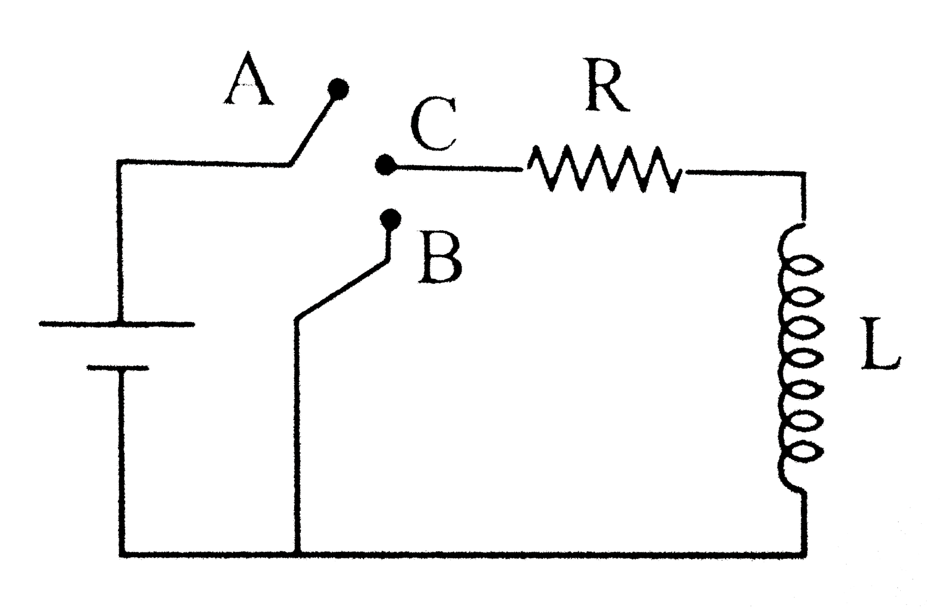 In the circuit shown here, the point 'C' is kept connected to point 'A' till the current flowing through the circuit  becomes  constant. Afterward, suddenly, point 'C' is disconnected  from point 'A' and connected to point 'B' at time t = 0. Ratio of the voltage across resistance and the indicutor  at t = L//R will be equal to :