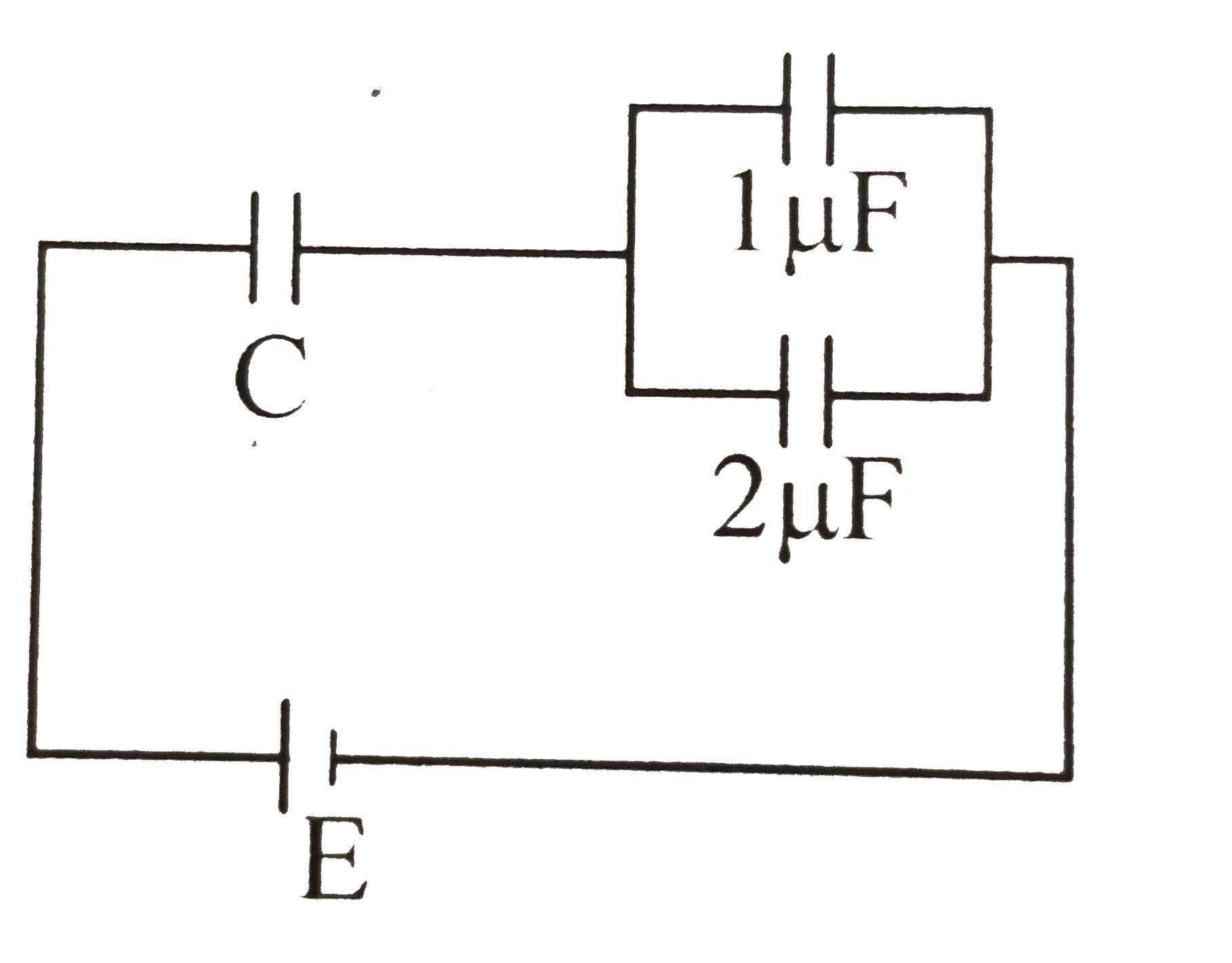 In the given circuit, charge Q(2) on the 2muF capacitor changes as C is varied from 1muF to 3muF. Q(2) as a function of 'C' is given properly by : (figure are drawn schematically and are not to scale)