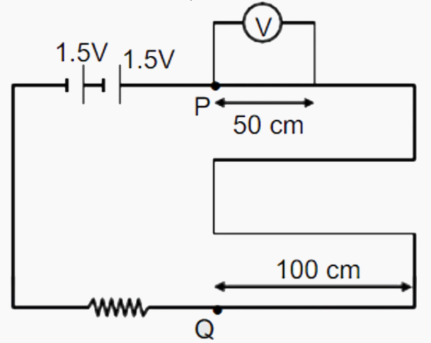 If potential gradient on wire PQ is 0.01 V//m then the reading of voltmeter is :