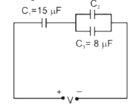 In the circuit shown in the figure, the total charge is 750 mu C and the voltage across capacitor C2 is 20 V. Then the charge on capacitor C2 is: