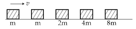 Blocks of masses m , 2m , 4m and 8m are arranged in a line on a frictionless floor . Another block of mass m , moving with speed v along the same line (see figure ) collides with mass m in perfectly inelastic manner. All the subsequent collisions are also perfectly inelastic. By the time the last block of mass 8 m starts moving the total energy loss is p% of the original energy . Value of 'p' is close to :