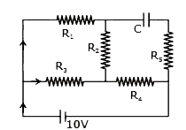 An ideal cell of emf 10 V is connected in circuit shown in figure. Each resistance is 2 Omega  .  The potential difference (in V) across the capacitor when it is fully charged is .