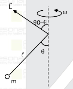 A bob of mass m attached to an inextensible string of length l, is suspended from a vertical support. Bob rotates in a horizontal circle with angular speed omega and string makes an angle of theta with the vertical. Find the angular momentum of bob about axis of rotation
