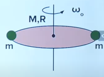 A disc of mass M and radius R is rotating about its axis with initial angular velocity of omega0 as shown. Now two small masses of m each one kept on the circumference diametrically opposite to eachother. Find new angular velocity