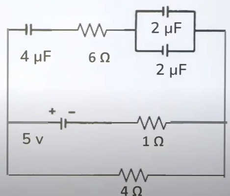 Find charge of 4 mu F capacitor in steady state.