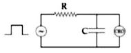 An RC circuit as shown in the figure is driven by a AC source generating a quare wave. The output wave pattern monitored by CRO would look close to :