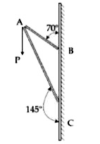 Consider a frame that is made up of two thin massless rods AB and AC as shown in the figure. A vertical force vecP of magnitude 100 N is applied at point A of the frame.   Suppose the force is vecP resolved parallel to the arms AB and AC of the frame.       The magnitude of the resolved component along the arm AC is xN.    The value of x, to the nearest integer, is   [Given :  sin (35 ^(@)) = 0. 573, cos (35 ^(@)) = 0.819   sin (110 ^(@)) = 0.939, cos (110 ^(@)) = - 0.342]