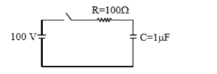 A capacitor of capacitance C=1 muF  is suddenly connected to a battery of 100 volt through a resistance R =100Omega . The time taken for the capacitor to be charged to get 50 V is :    [Take ln 2 = 0.69]